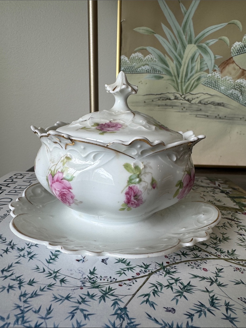 Antique MZ Austria Porcelain Sauce Tureen & Attached Underplate Pink Roses